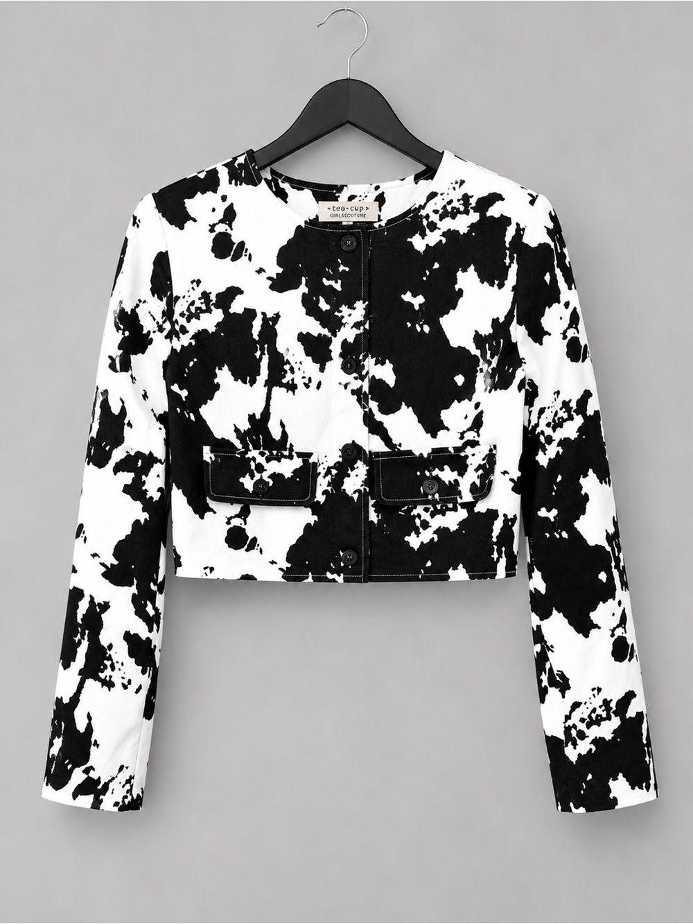 Tea & Cup Cow Print Cropped Denim Jacket in Black & White